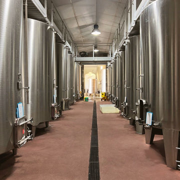 Cuves en inox alignées dans le cuvier du château