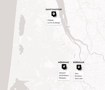 Vision cartographiée du département Gironde avec le Château La Fon du Berger à Saint-Sauveur, l'aéroport de Bordeaux à Mérignac et la Gare Saint-Jean à Bordeaux annotés