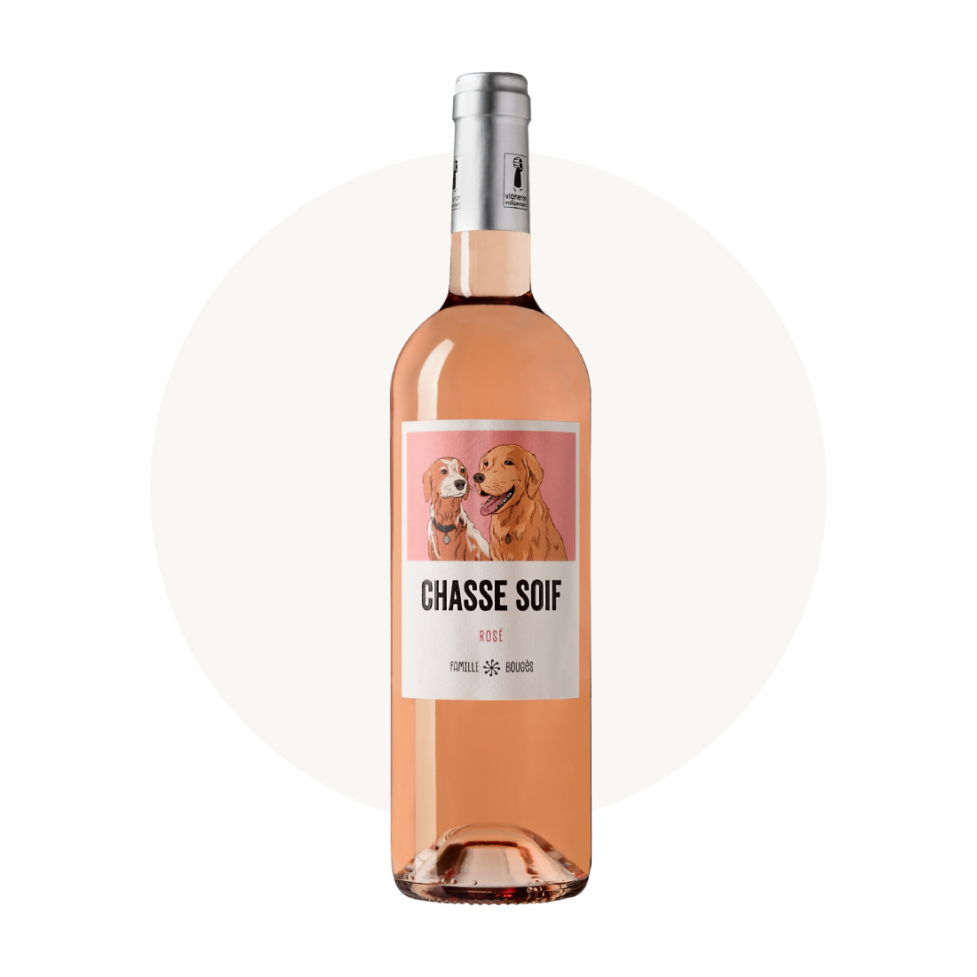 Photographie d'une bouteille de Chasse Soif mis en situation devant un cercle beige